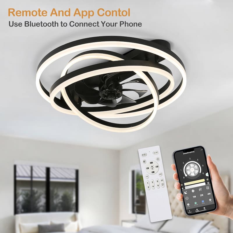 24" Adjustable Light Kit Flush Mount Ceiling Fan, 3 Color Tone CCT dimmable 6 Fan Speed, Remote & App Control for Bedroom - Black