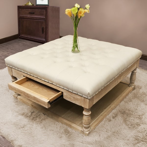 slide 2 of 2, Suleiman Tufted Padded Cocktail Ottoman with Shelf and Drawer