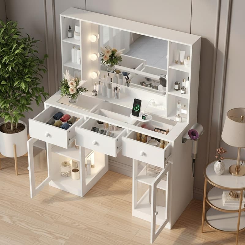 Particle Board Veneered 3 Drawers 2 Glass Doors Left and Right 2-tier Shelves Glass Tabletop Dressing Table - N/A