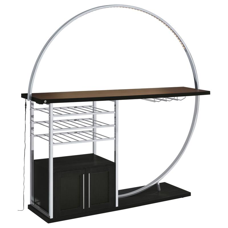 Riya Home Bar Table, LED Light, Cabinets, Wine Storage, Black, Chrome Metal