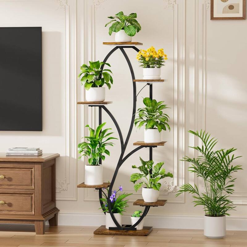 Brown-Black Wood 7-Tier Indoor Plant Stand Shelf with Grow Lights - 24.8" L x 11.8" W x 54.3" H