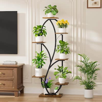 Brown-Black Wood 7-Tier Indoor Plant Stand Shelf with Grow Lights - 24.8" L x 11.8" W x 54.3" H