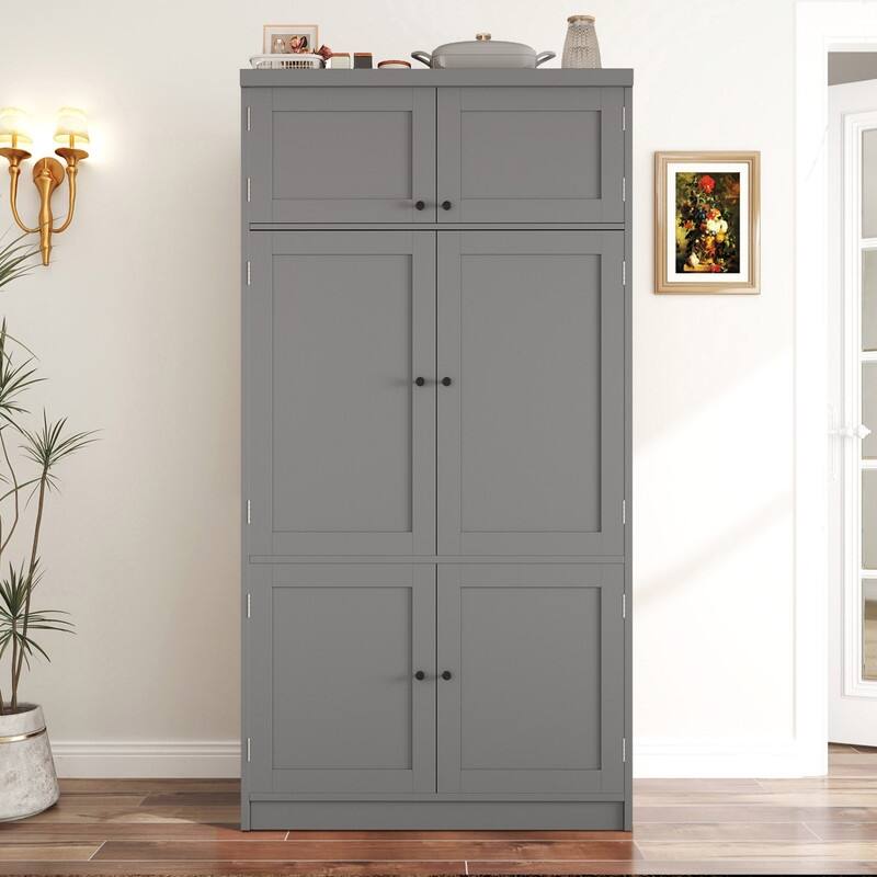 Modern 80.1" Tall Freestanding Kitchen Pantry Cabinet with Adjustable Shelves and 2 Power Outlets - Grey