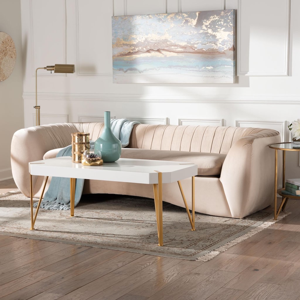 Adanna Glam and Luxe Champagne Beige Velvet Fabric Sofa