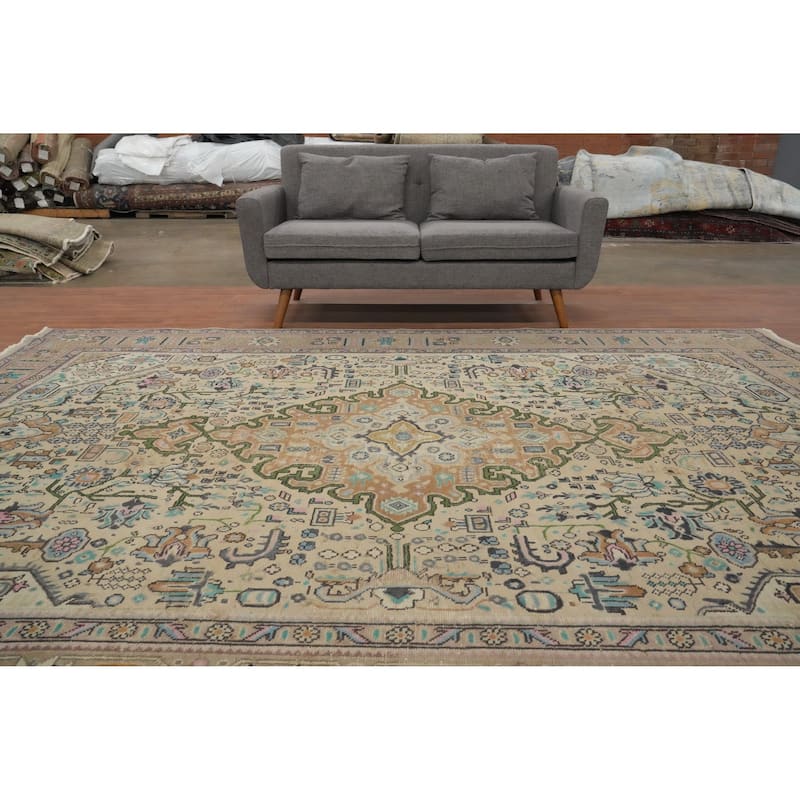 Hand Knotted Oriental 100% Wool Carpet Traditional Floral Beige & Ivories Tabriz Area Rug - 11' 2'' X 8' 1''