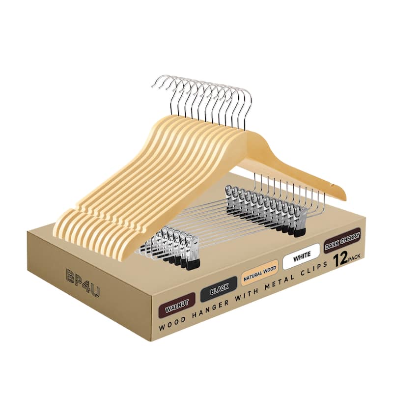BP4U Solid Wood Hangers with Adjustable Metal Clips, Wooden Hangers for Coats, Jackets, Pants, Dresses, Skirts, and Suits