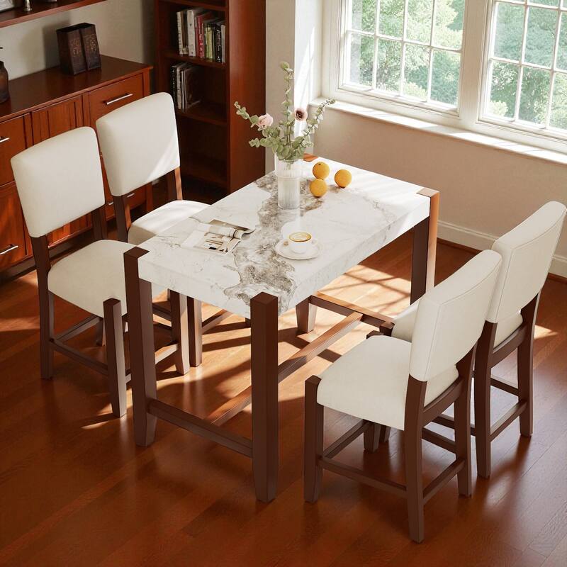 5-Piece Counter Height Dining Set, Faux Marble Table with 4 Upholstered Chairs, Modern Bar Table for Dining Room - Beige Brown
