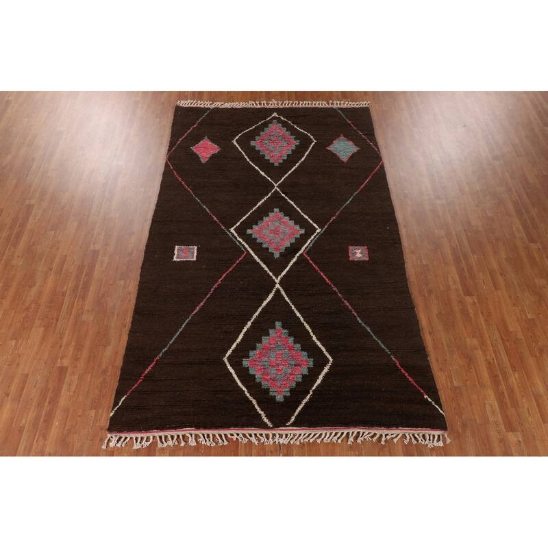 Tribal Brown Moroccan Oriental Area Rug Hand-Knotted Wool Carpet - 6'10" x 11'0"