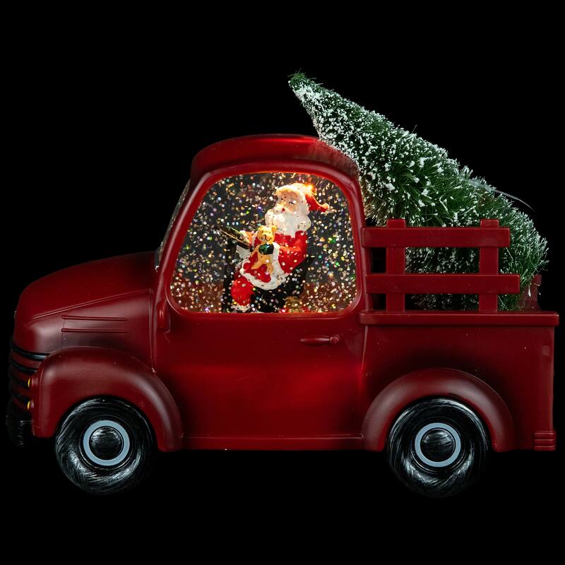 LED Santa In Red Retro Truck With Christmas Tree Snow Globe -9"