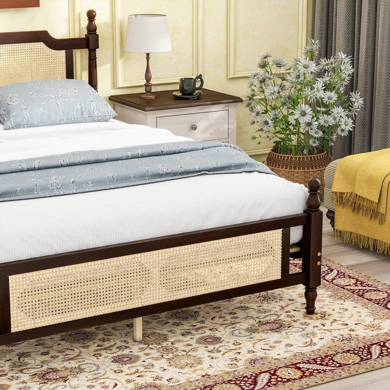 Queen Size Platform Bed with Rattan Headboard, Underbed Storage, Solid Pine Wood Frame, and Easy Assembly