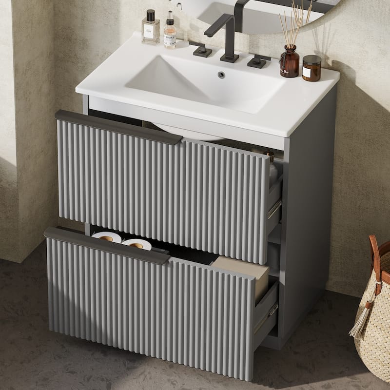 Roomfitters 30" Bathroom Vanity with Ceramic Sink, Full-Extension Soft-Close storage units and Fluted Design - Gray