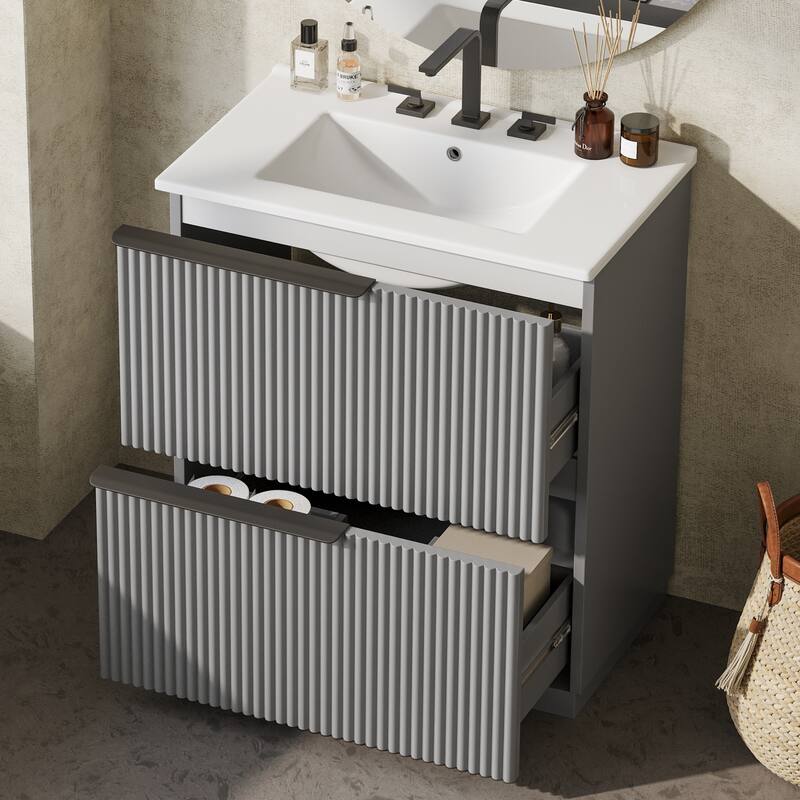 Vertical Grooves Bathroom Cabinet Storage Vanity with Ceramic Sink, Full-Extension Split Drawers and Soft Close Drawer Slides