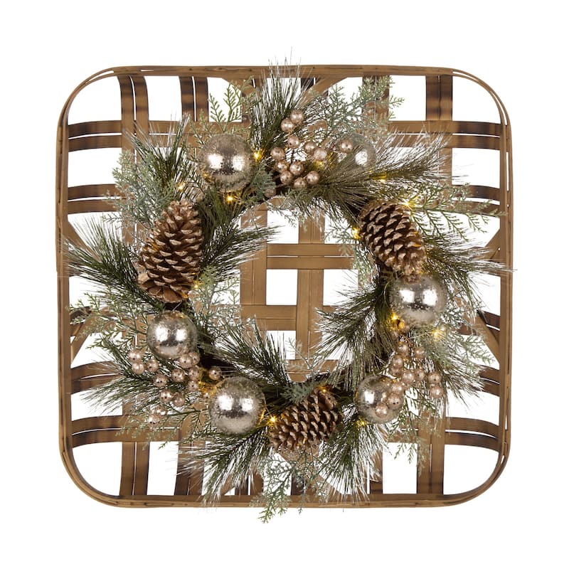 Glitzhome 24"D Lit Frosted Ball Berry Holly Pine Pinecone Wreath With Lights