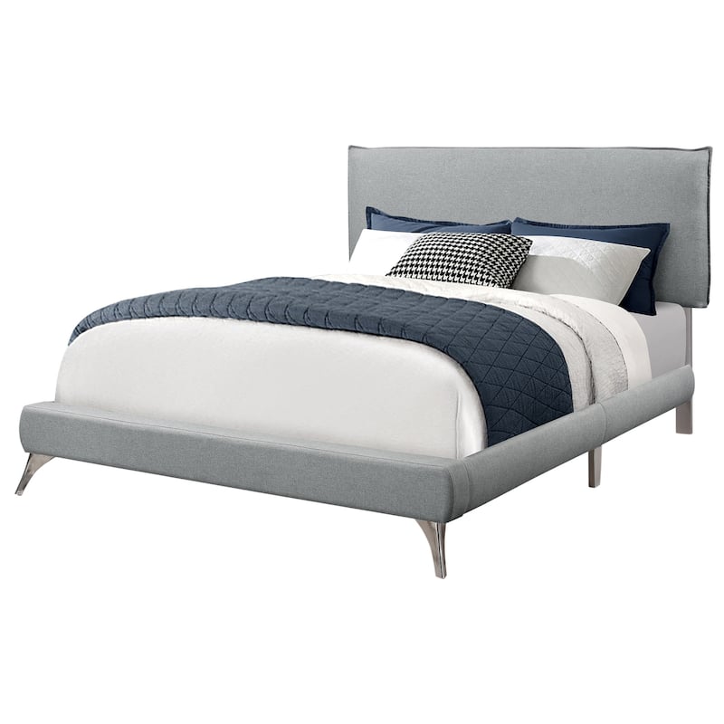 Grey Linen Upholstered Queen Platform Bed Frame with Chrome Metal Legs for Modern Bedroom Makeover