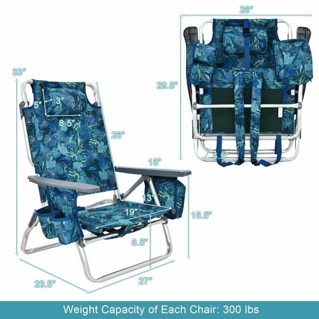 4-Pack 5-Position Outdoor Folding Backpack Beach Reclining Chair with Pillow - 23.5" – 40" x 27" x 33" – 11" (L x W x H)