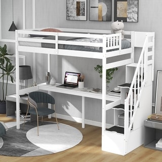 Modern & Simple Design Twin Size Loft Bed with Storage Staircase and Built-in Desk,Durable Wood Bed and Full-Length Guardrail