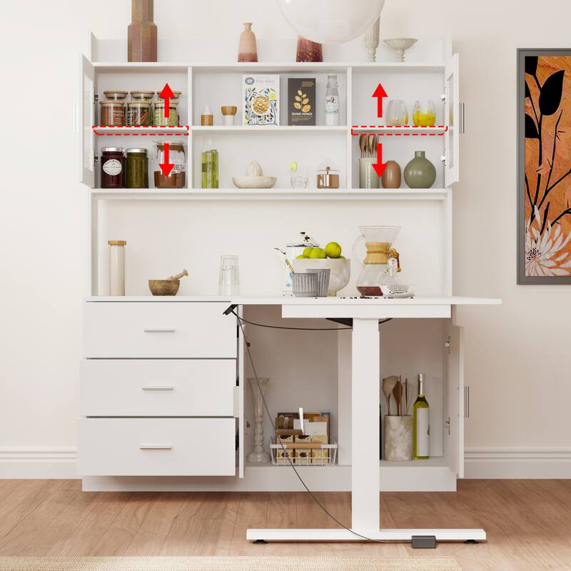 Electric Height Adjustable Standing Desk with Storage Hutch, 68.5” White Home Office Desk with Drawers and Cabinets