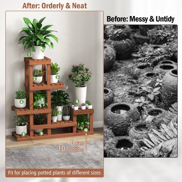 6 Tier Wood Plant Stand with High Low Structure - 35.5" x 10" x 36" (L x W  x H) - Bed Bath & Beyond - 38949877