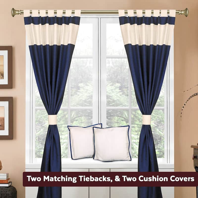 6 Pcs Set Blue Cream Raw Silk Curtain ,Cushion Cover, Tieback - 43"W X 84"L(Inches)