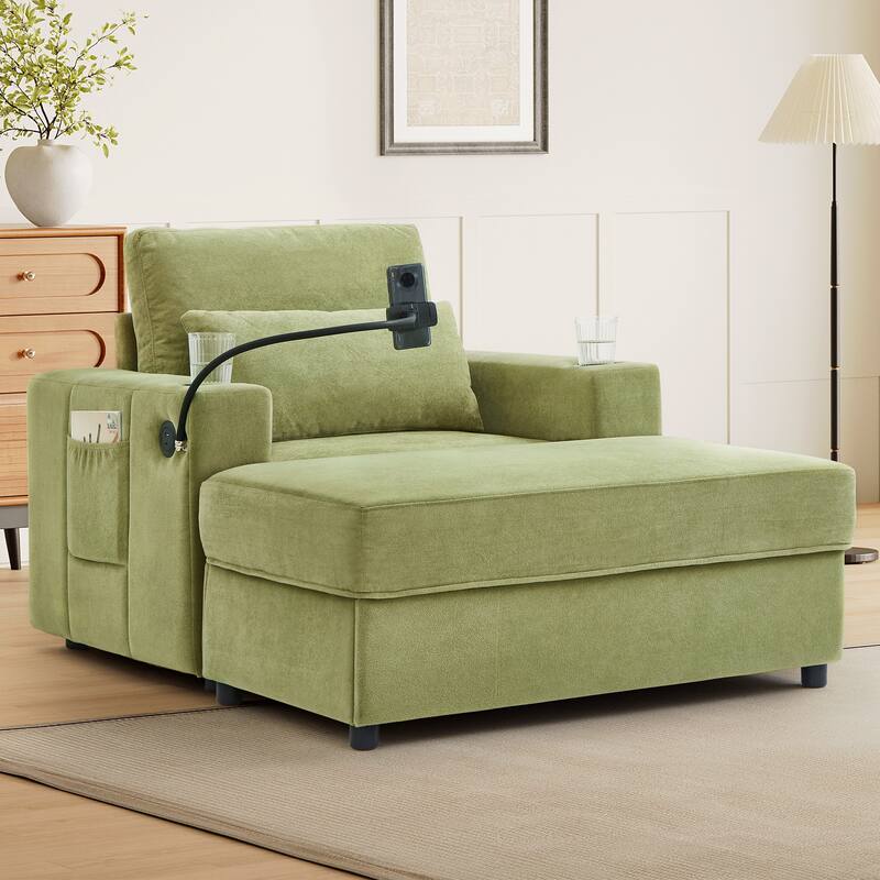 Anmytek Green 42.5 Inch Modern Chaise Lounge with Movable Storage Ottoman Dual USB Ports Phone Holder Side Pockets
