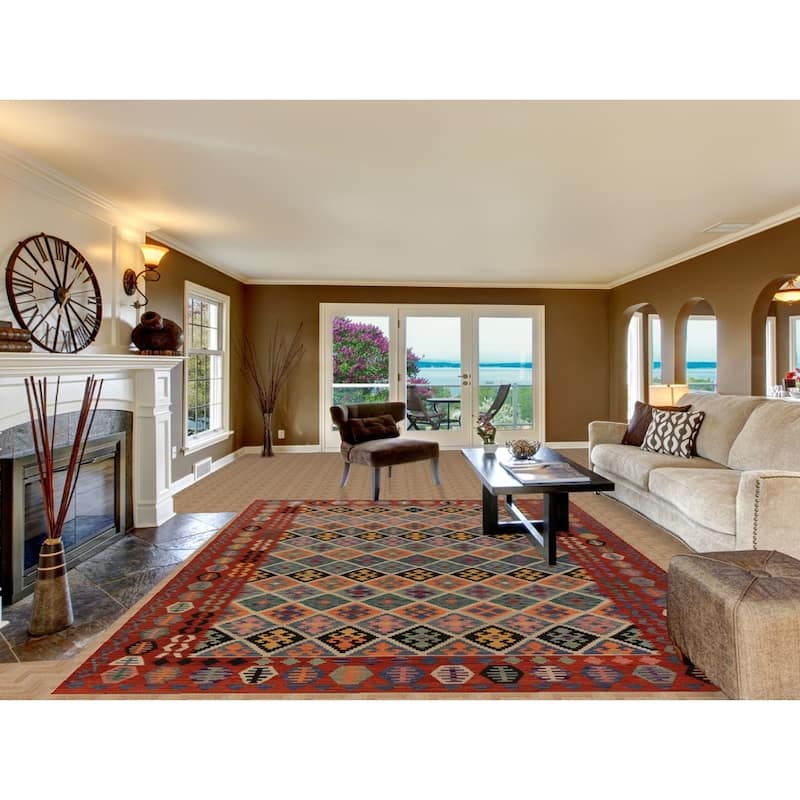 All-Over Trellis Kilim Oriental Area Rug Flatweave Wool Carpet - 8'6"x 11'9"