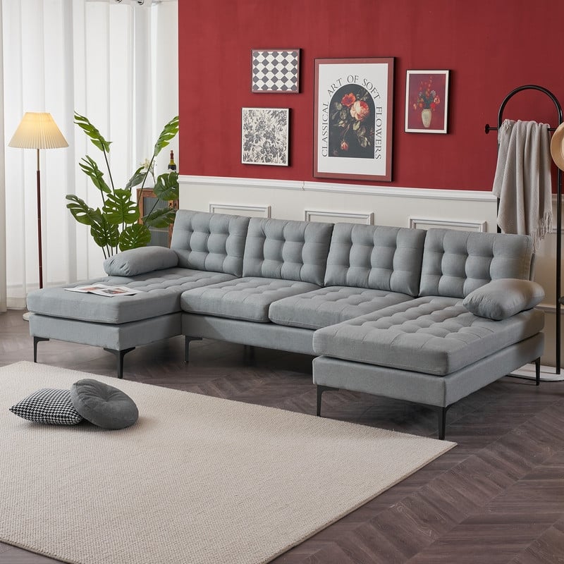 U-shaped Soft-Covered Armrest Backrest Seat Sectional Sofa Beige - Light Grey
