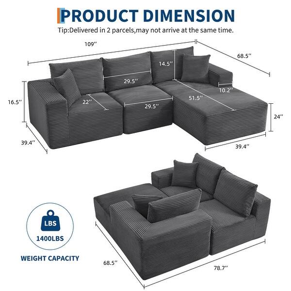 dimension image slide 7 of 8, 109'' Corduroy Modular Sectional Sofa with Chaise