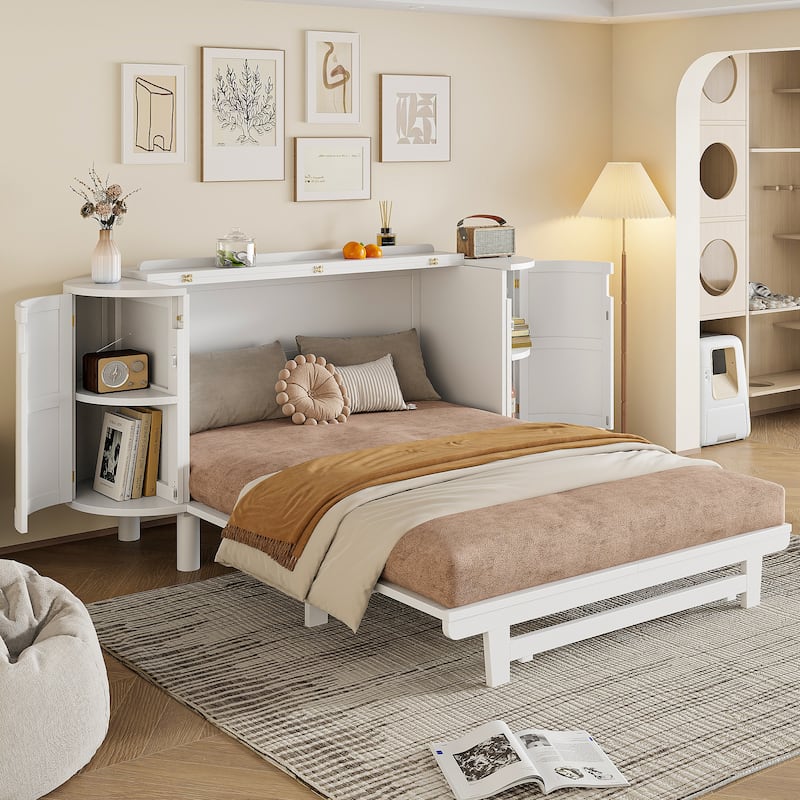 Modern Murphy Bed with Hidden Storage & Woven Design by Harper&Bright Designs - White - Queen