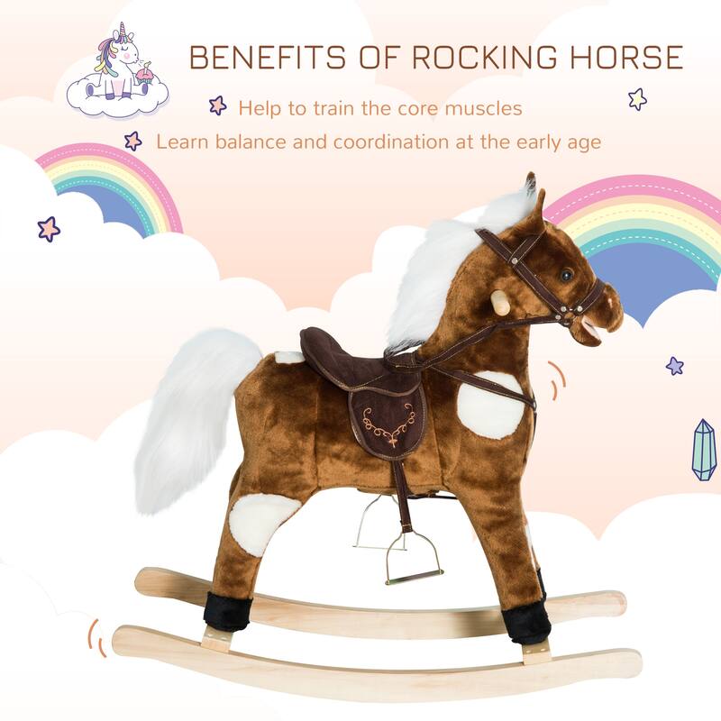 Kids Plush Rocking Horse with Authentic Neigh Sounds, Saddle, and Stirrup for 3-8 Years Old - Comfortable Velvet Fabric