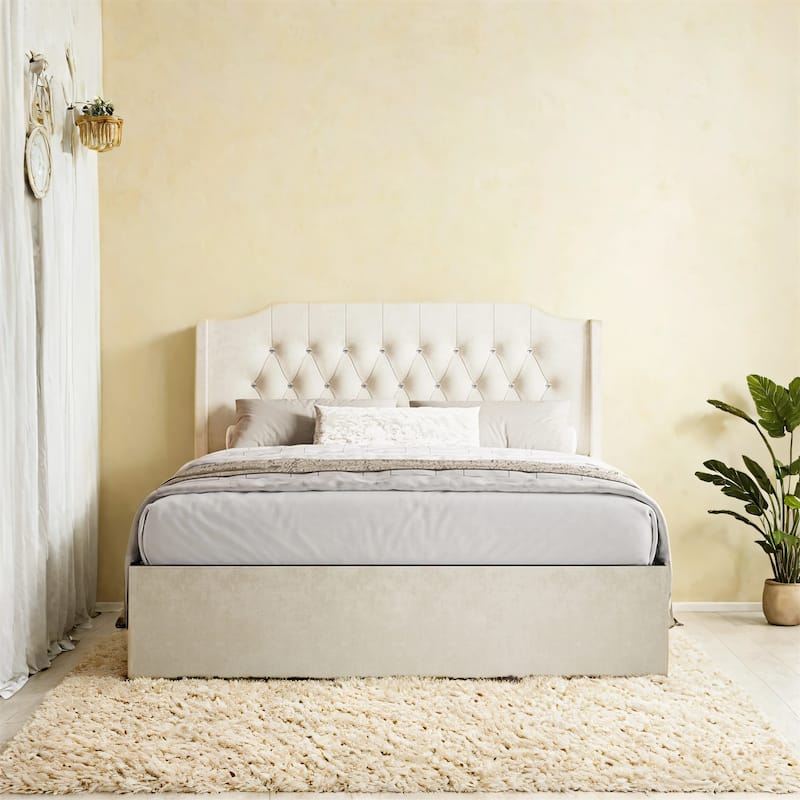 Queen Size Tufted Upholstered Bed Frame with Wingback Headboard and Under-Bed Storage Space