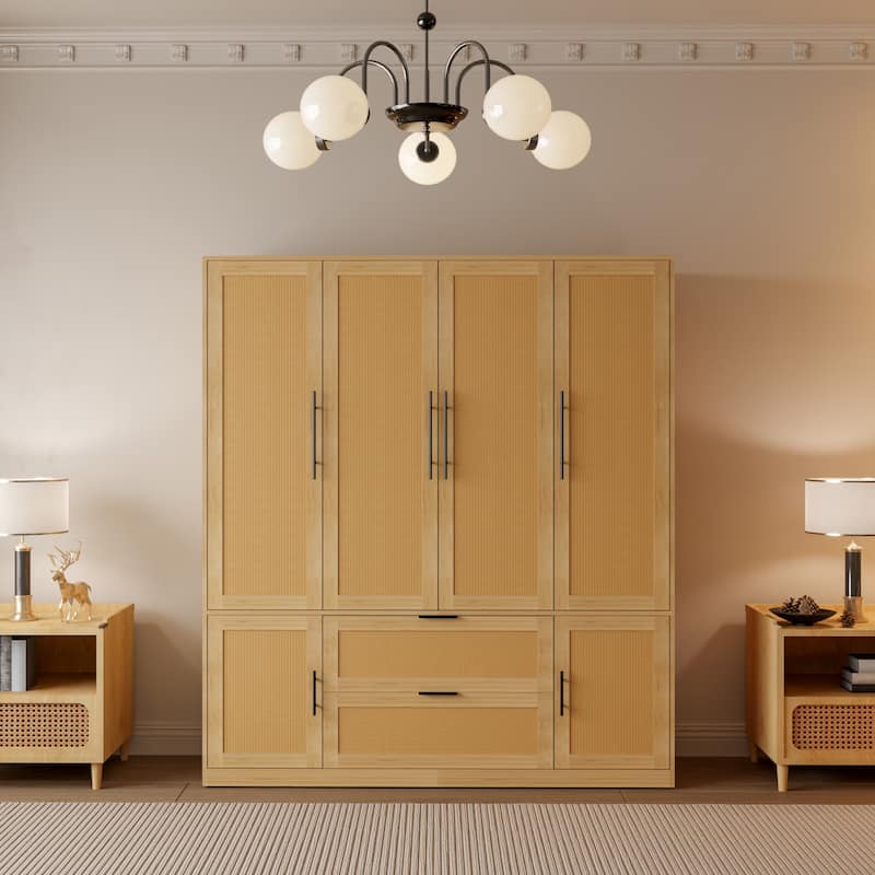 63"W Boho Style 6-Door Wardrobe Armoires Closet 2 Drawer Storage - N/A