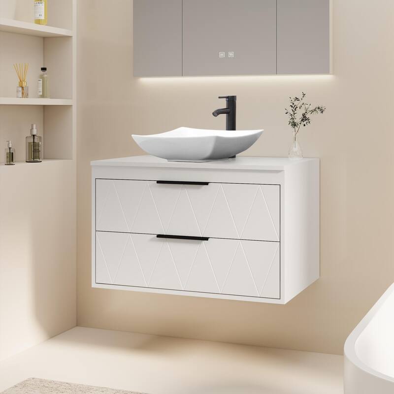Modern Wall Mounted Bathroom Vanity Set with Vessel Sink & Faucet - white-30 in - 30-1 Ceramic curved sink