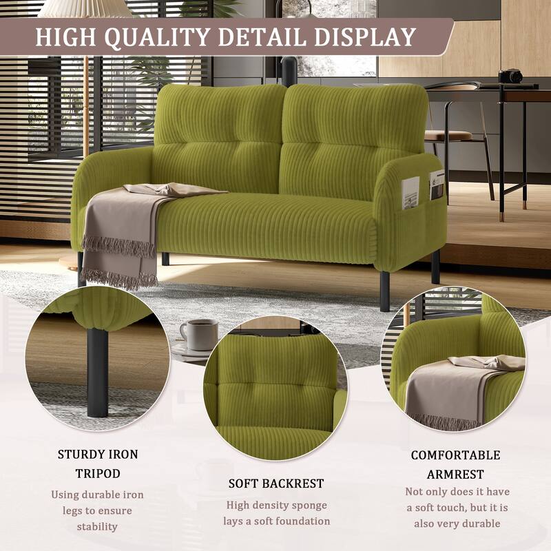 Small Corduroy Upholstered Loveseat Sofa, Lounge Sofa Chair with Double Side Pockets, High-Density Sponge 2 Seater Sofa - Olive Green