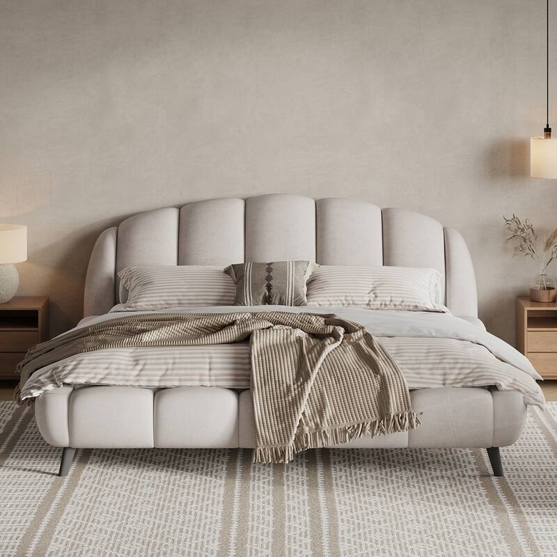 King Size Chenille Upholstered Platform Bed Shell-Shape Design Beds