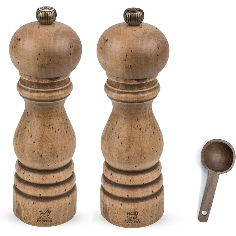 Peugeot Paris Classic Collection Antique Salt & Pepper Mill Natural - With Wooden Spice Scoop (7 Inches) - Brown - 3 Piece