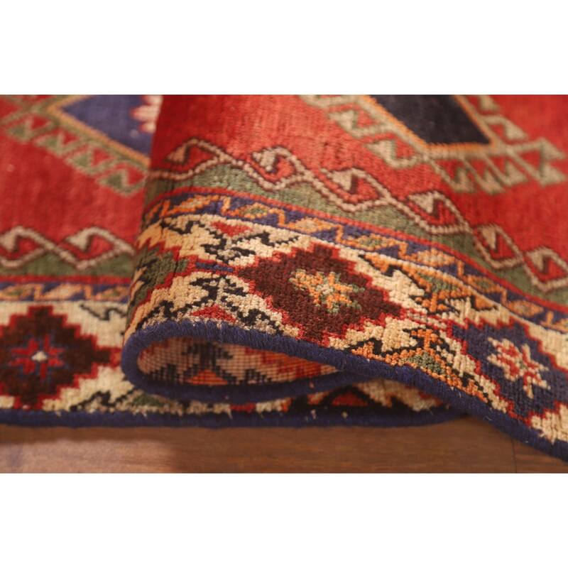 Geometric Shiraz Persian Vintage Accent Rug Hand-Knotted Wool Carpet - 3'4" x 4'11"