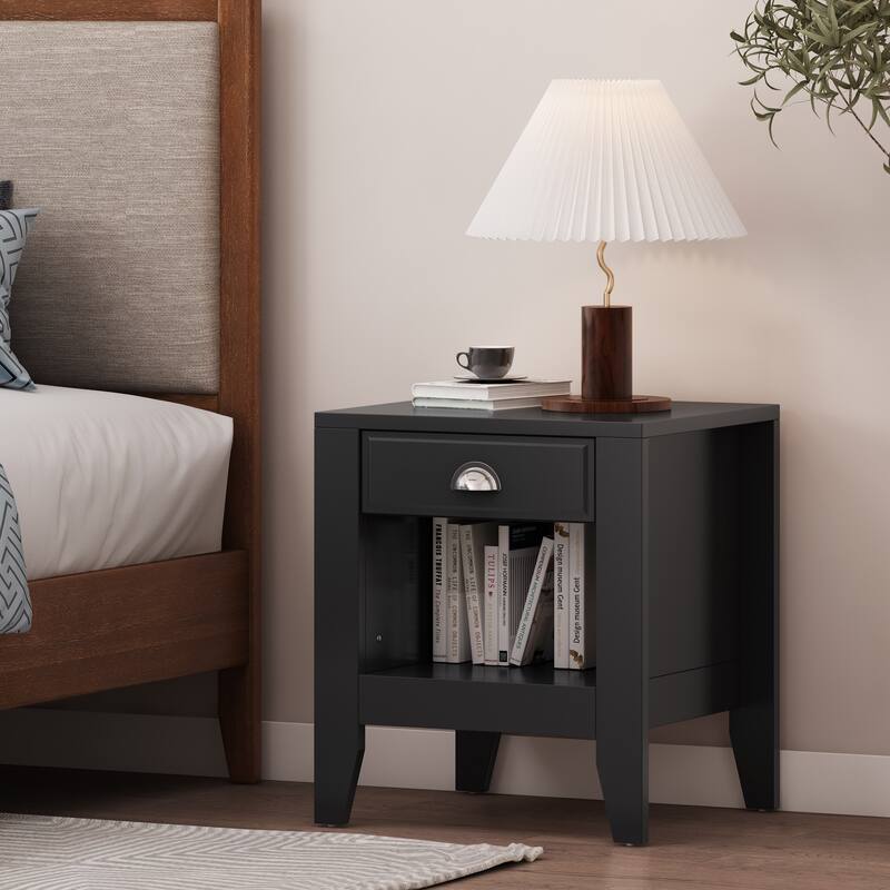Modern Nightstand with Drawer and Open Shelf, Wood Bedside Table, 2-Tier Night Table - Black
