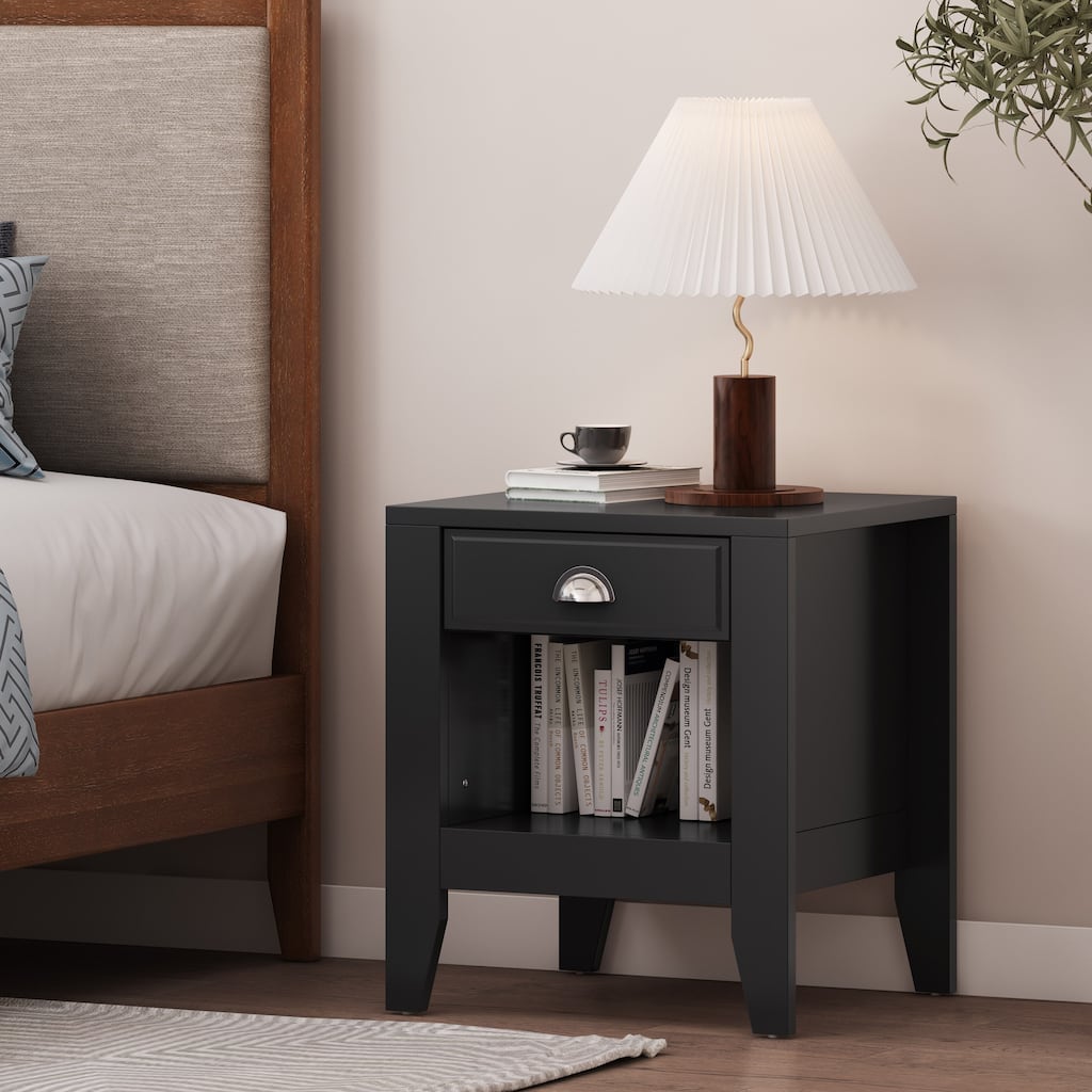 Modern Nightstand with Drawer and Open Shelf, Wood Bedside Table, 2-Tier Night Table