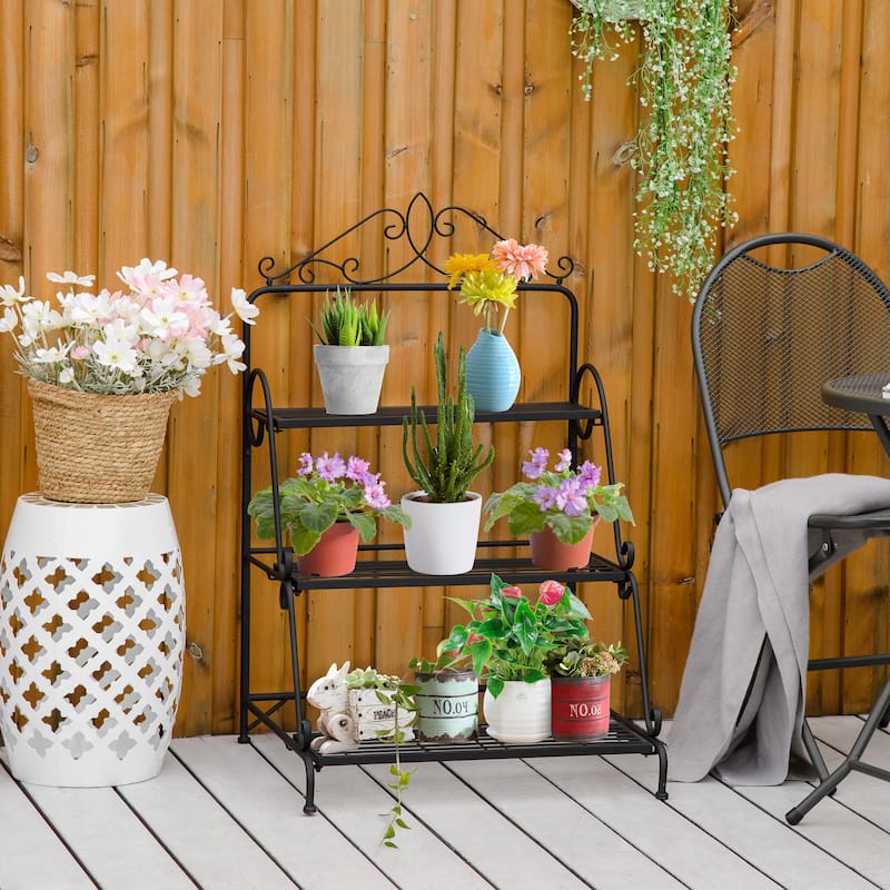 Outsunny 3 Tier Metal Plant Stand, Ladder Display Shelf, Flower Pot Holder, Storage Organizer Rack for Indoor Outdoor Patio - Black - 23.75"L x 23.5"W x 37.5"H