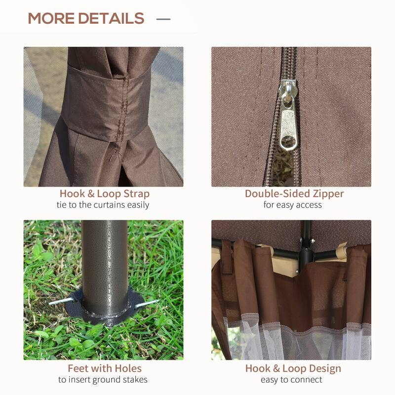 12' Round Outdoor Gazebo with Double Roof, Netting Sidewalls, and Privacy Curtains, Sturdy Steel Frame, Brown