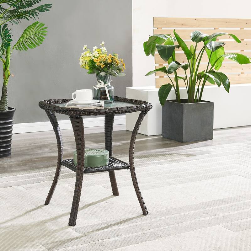 Outdoor Rattan Gliding Chair Set of 3 with Glass Table - Brown