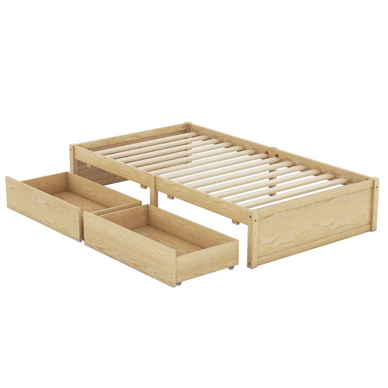 Modern Wood Daybed with Fence Guardrails and 2 Drawers