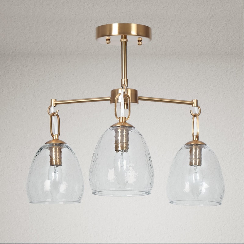Blobfish Modern Gold 3-Light Chandelier Glass Wheel Semi-Flush Mount Lighting for Dining Room - D19.3"* H14.4"