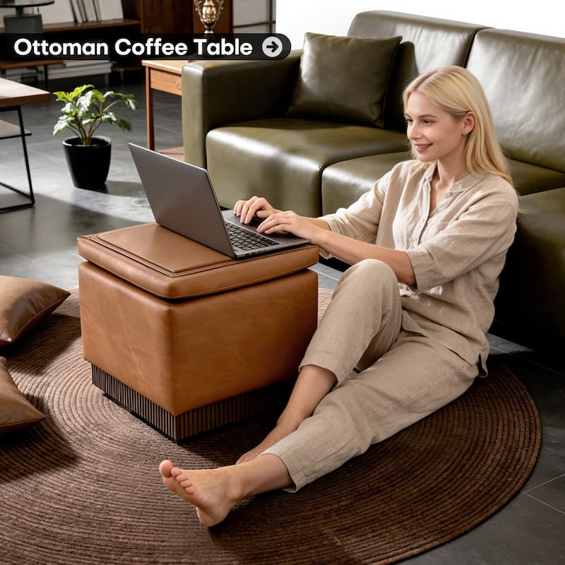 Swivel Storage Ottoman Bench Footstool with Flip-top and Acacia Frame