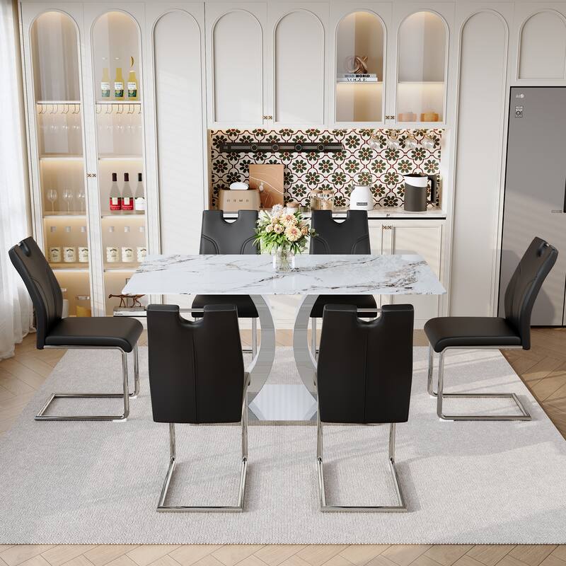 7-Piece Dining Table Set with Black PU Chairs, U-Shaped Backrest Chairs Dining Table and Chairs Set for 6 - Silver White