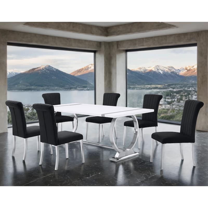 Furniture of America Carra Modern 7-Piece Stainless Steel Dining Table Set - Silver/Black