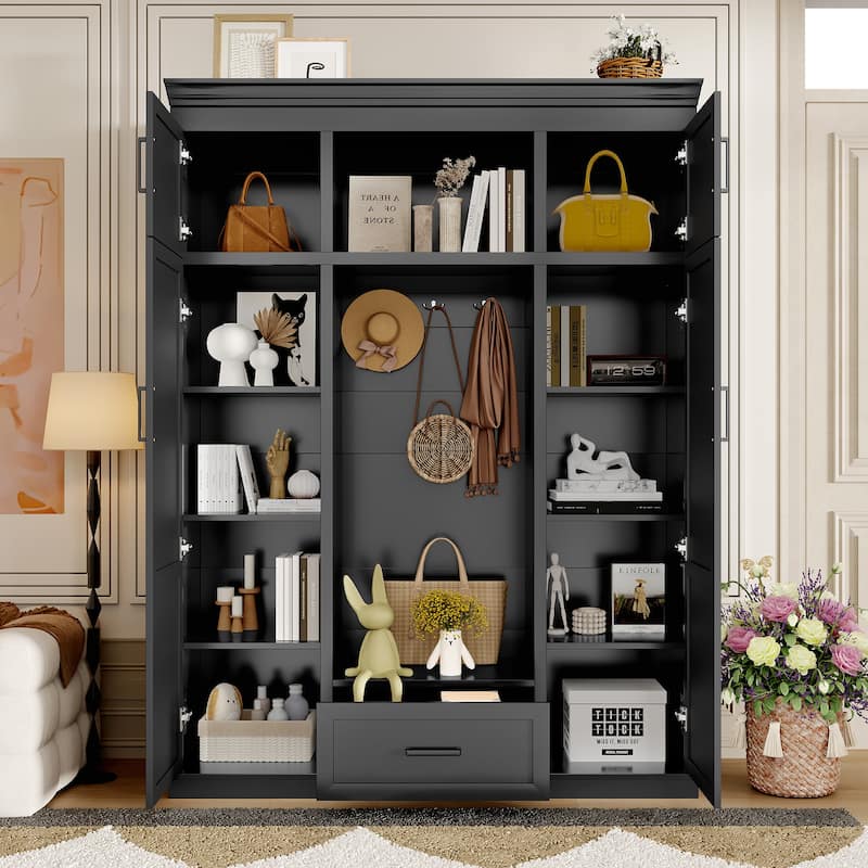 85.2''H Hall Tree with Bench and 3 Hooks, Modern Entryway Storage Organizer Cabinet with 4 Doors,1 Drawer and Adjustable Shelves