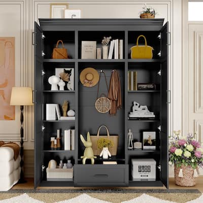 Modern Hall Tree Cabinet Coat Rack with Adjustable Shelves & Bench Seat, Entryway Storage Cabinet with 3 Hooks