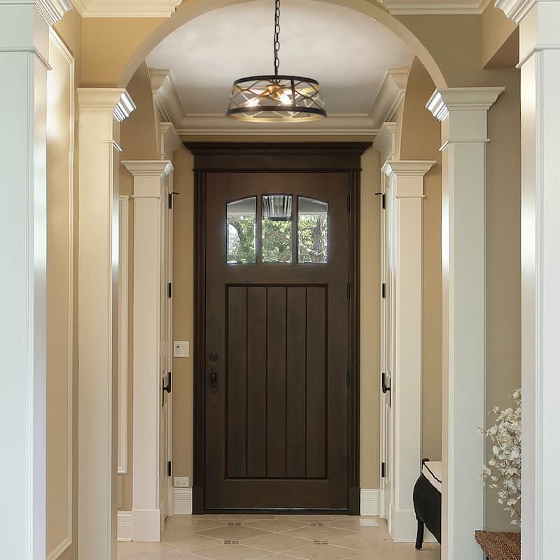 Modern Farmhouse Drum Geometric Chandelier Black Gold Semi-Flush Mount Foyer Ceiling Light - D15.5"x H7"