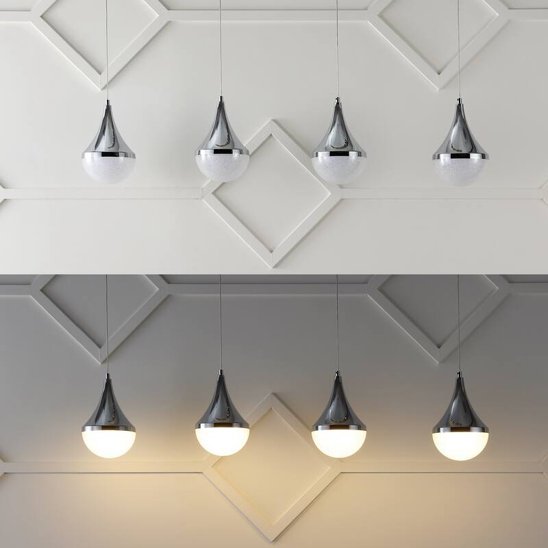 Mario Teardrop Modern Mid-Century Iron/Acrylic Integrated Linear LED Pendant, Chrome/White by JONATHAN Y